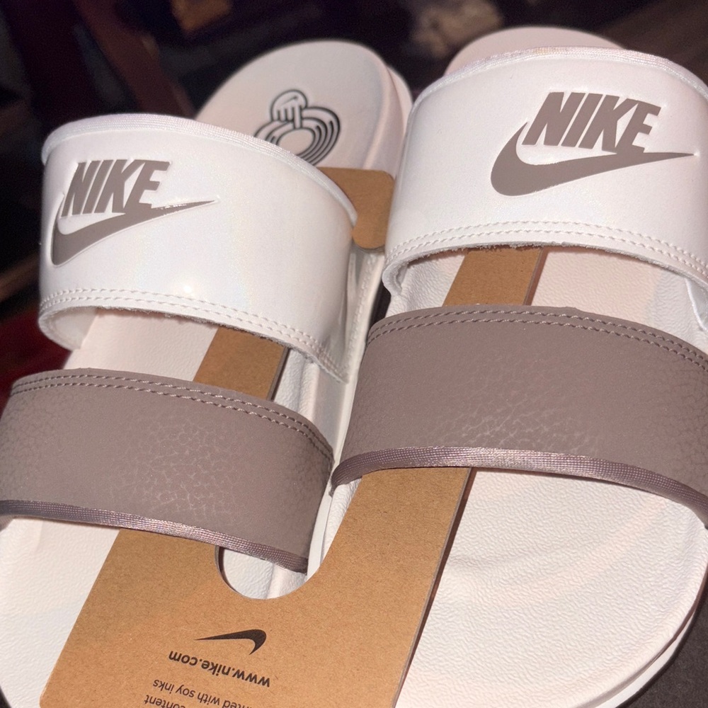 Nike White and Tan Slide Sandals